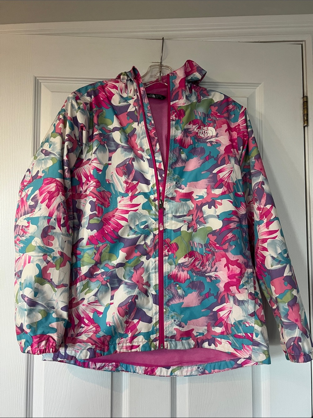 The North Face Pink Teal Floral Packable Hooded Jacket